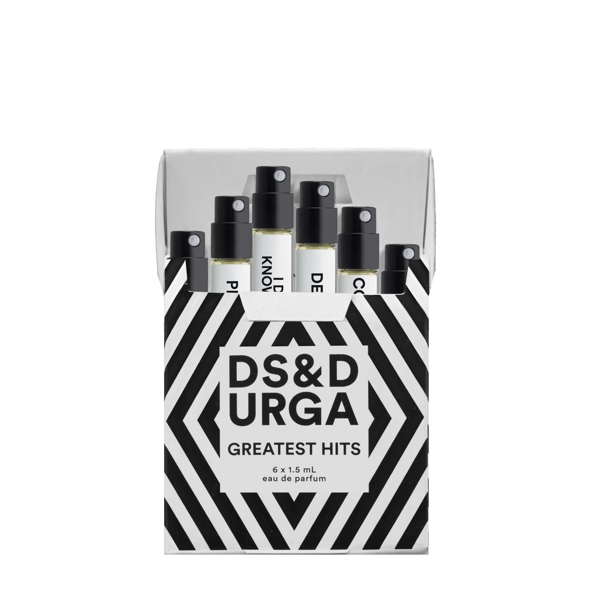 Caja blanca y negra con diseño geométrico que contiene seis mini frascos de perfume D.S. & Durga, con la etiqueta ‘Greatest Hits’. Cada frasco de 1.5 ml contiene una fragancia de la marca