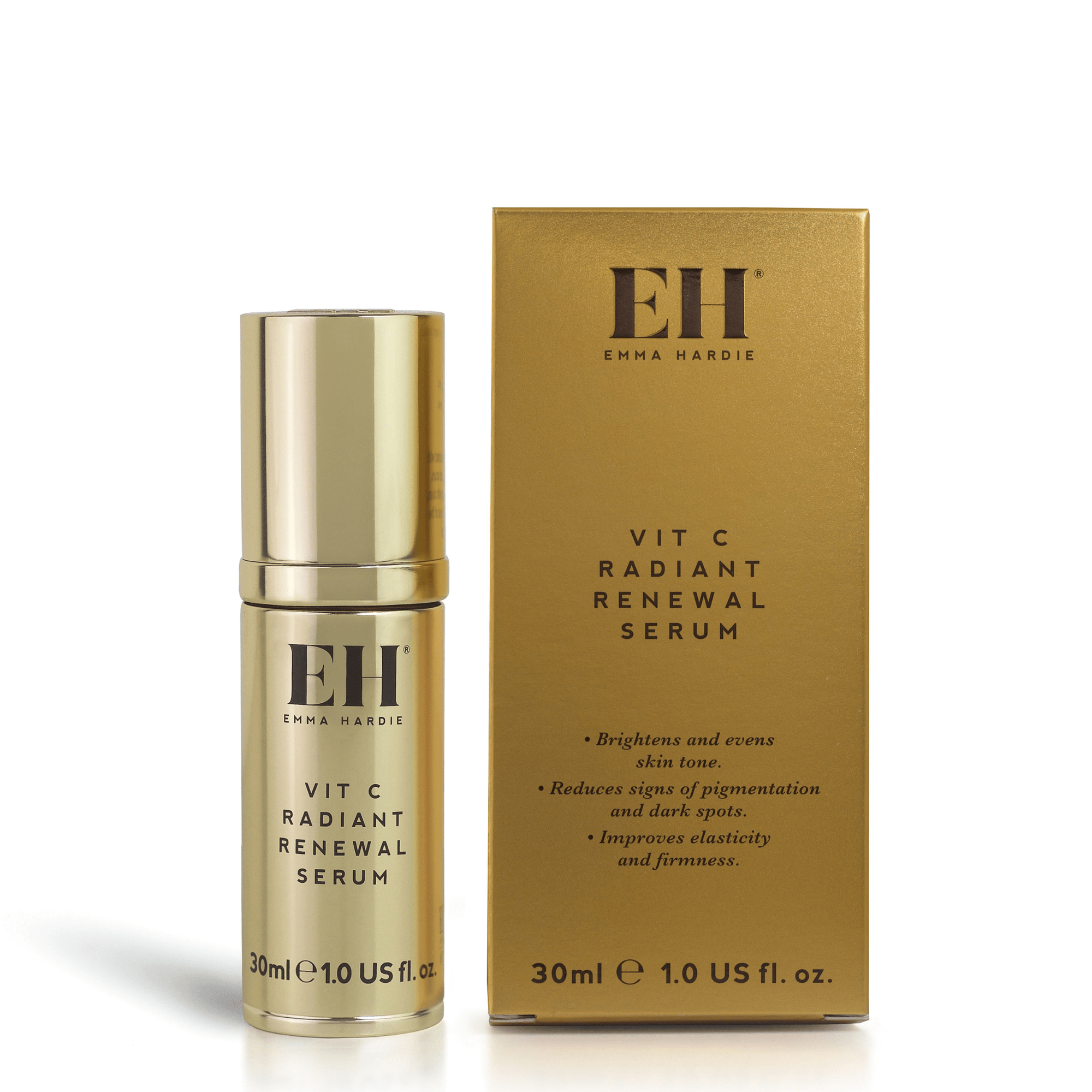 Serum facial Emma Hardie Vitamin C Radiant Renewal Serum en envase dorado de 30 ml con su caja