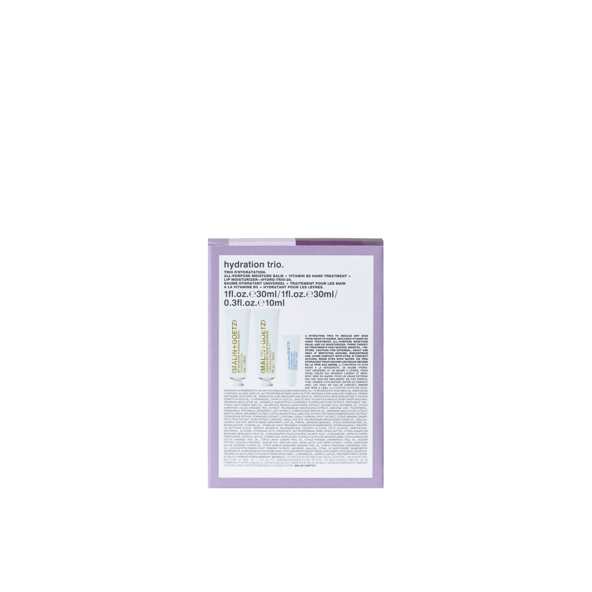 MALIN+GOETZ Hydration Trio edición limitada con All-Purpose Moisture Balm 30 ml, Bergamot Hand Treatment 30 ml y Mojito Lip Balm 10 ml