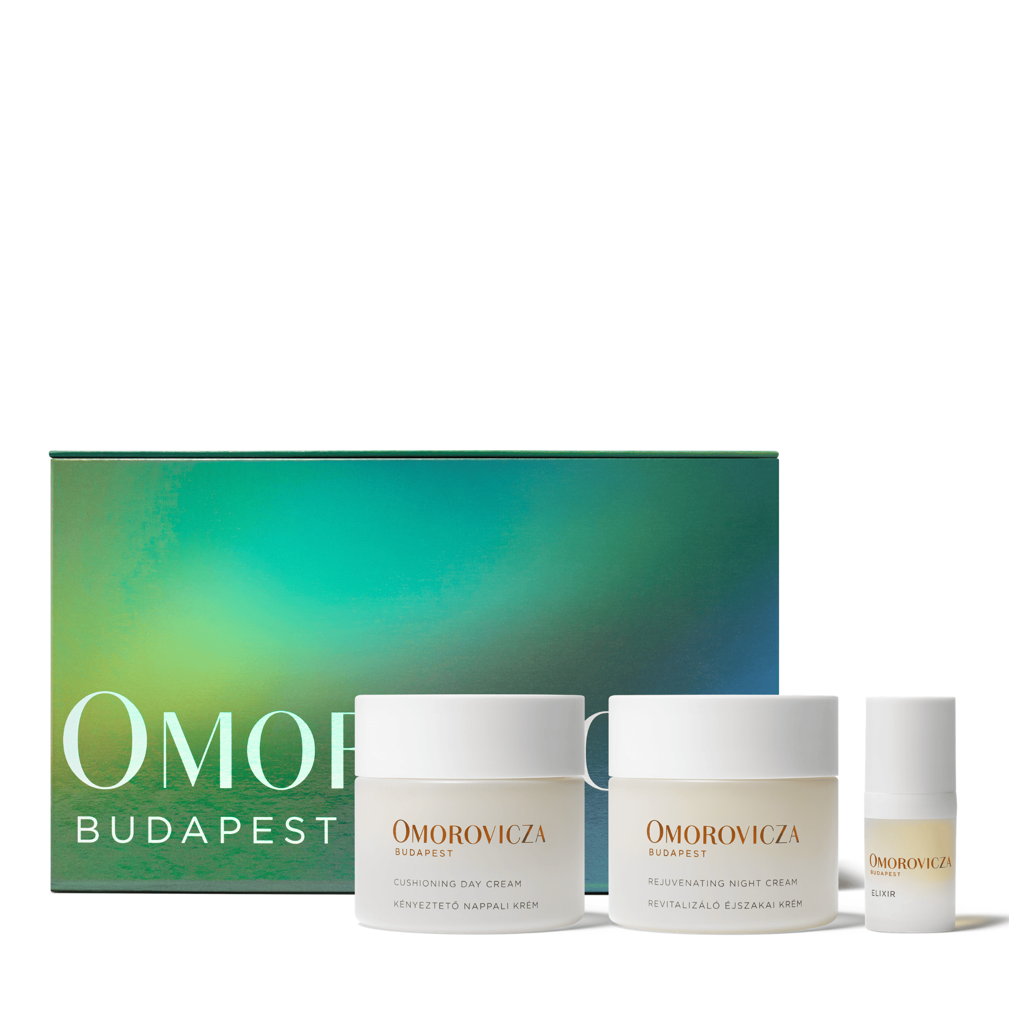 Omorovicza The Dawn to Dusk Ritual set facial con Cushioning Day Cream Rejuvenating Night Cream y Elixir