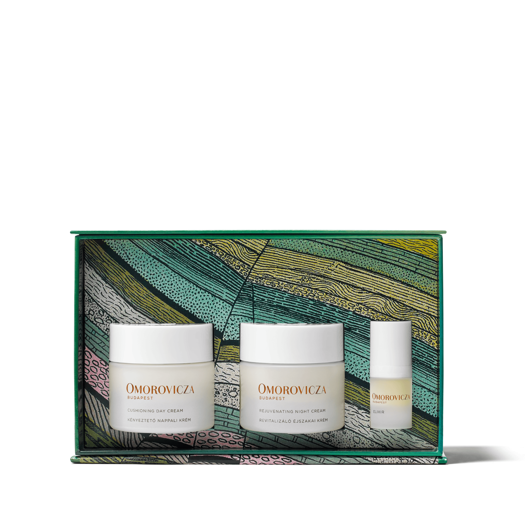 Omorovicza The Dawn to Dusk Ritual set facial con Cushioning Day Cream Rejuvenating Night Cream y Elixir
