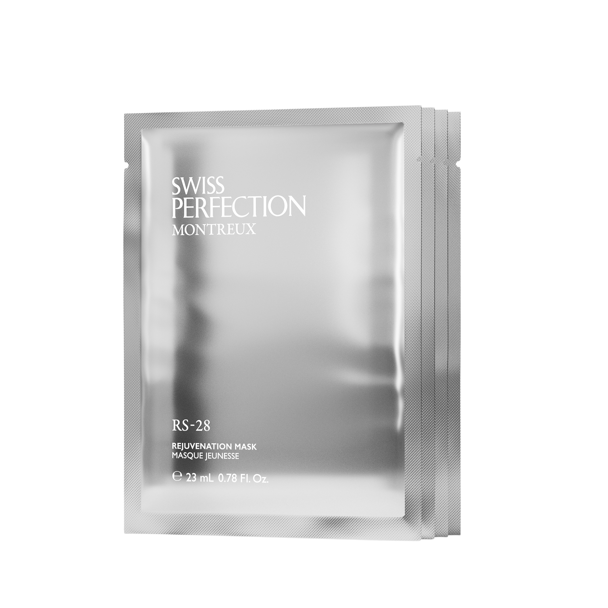 Swiss Perfection RS-28 Rejuvenation Mask caja de 4 mascarillas faciales de celulosa con IRISA Exosome y colágeno marino de 23 ml cada una