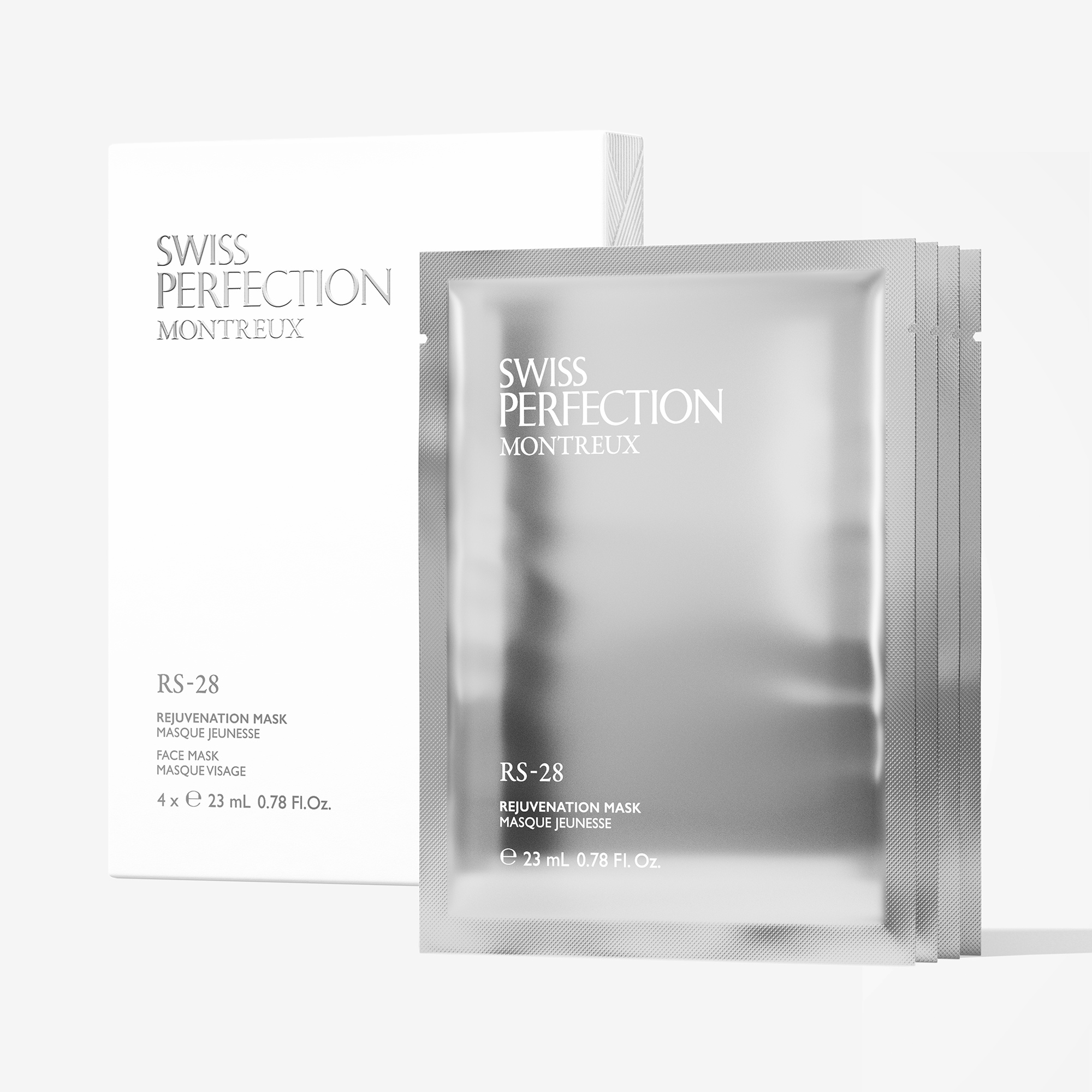 Swiss Perfection RS-28 Rejuvenation Mask caja de 4 mascarillas faciales de celulosa con IRISA Exosome y colágeno marino de 23 ml cada una
