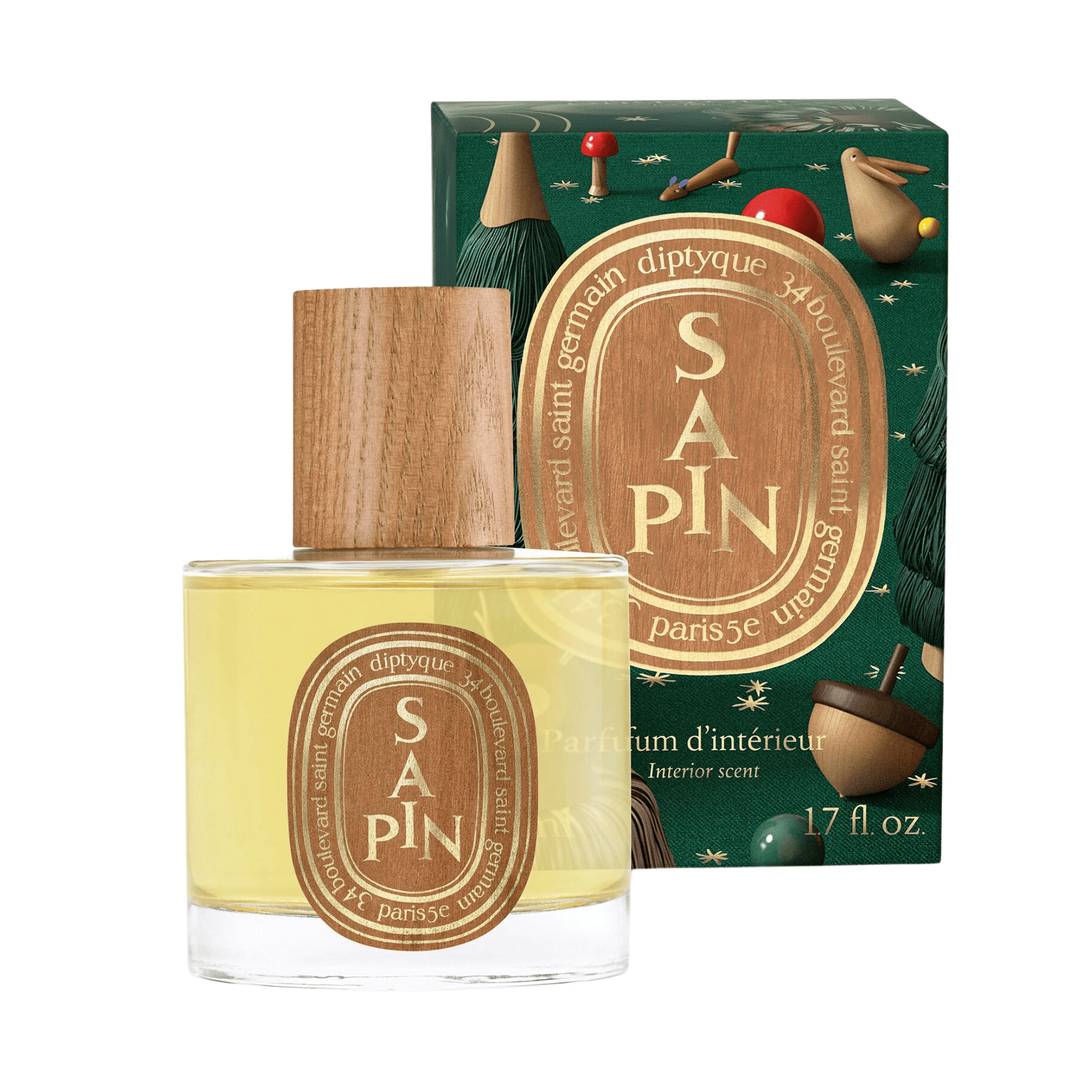Diptyque Sapin Mini Room Spray 50 ml edición limitada con etiqueta y tapa de madera y fragancia de pino