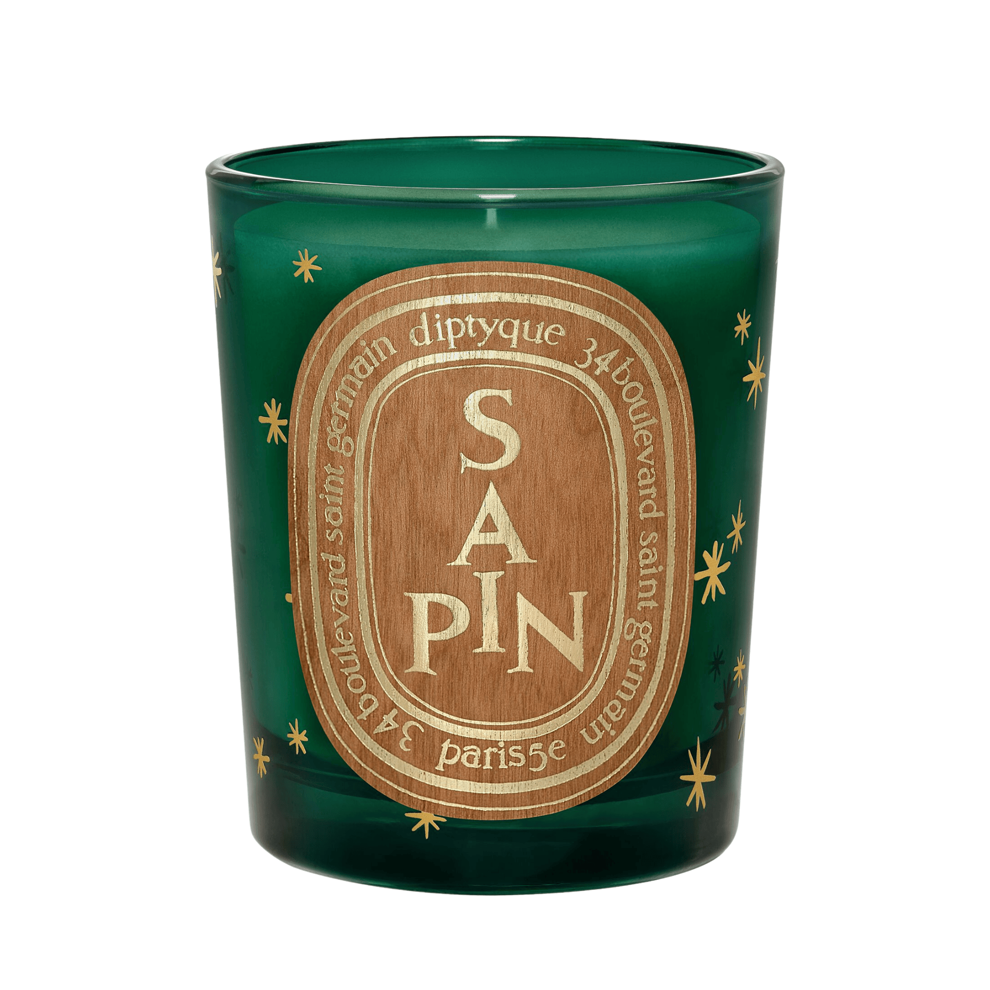Diptyque Sapin vela perfumada de pino edición limitada con etiqueta de madera y detalles dorados
